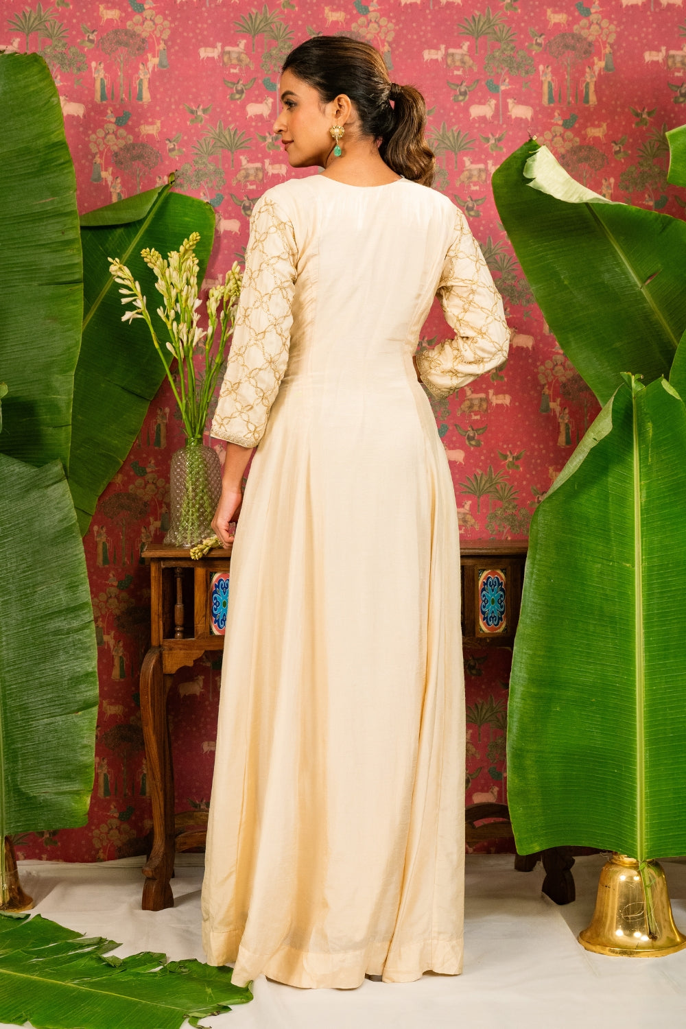 Cream Silk Anarkali with Zardosi and Resham Embroidery