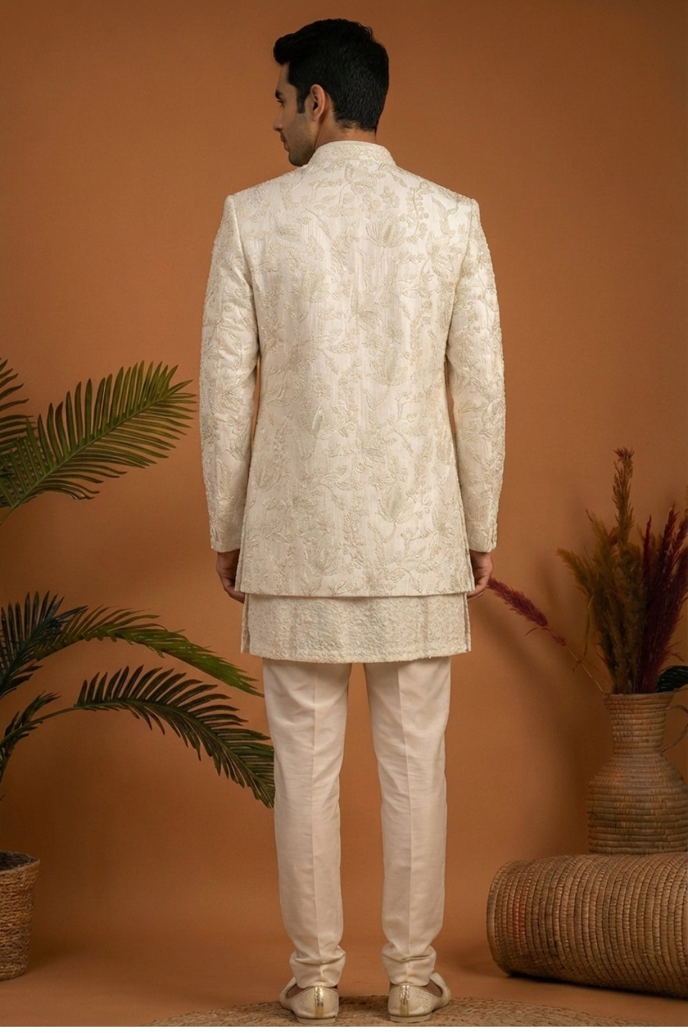 Cream Silk Indo Western with Cutdana and Moti Work