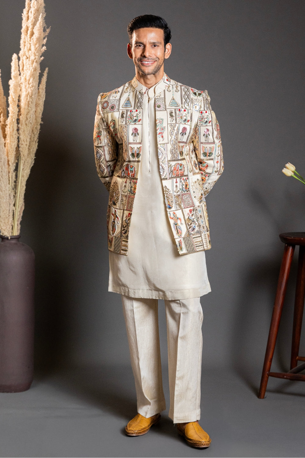 Cream Silk Indo Western with Sequins and Cutdana Work