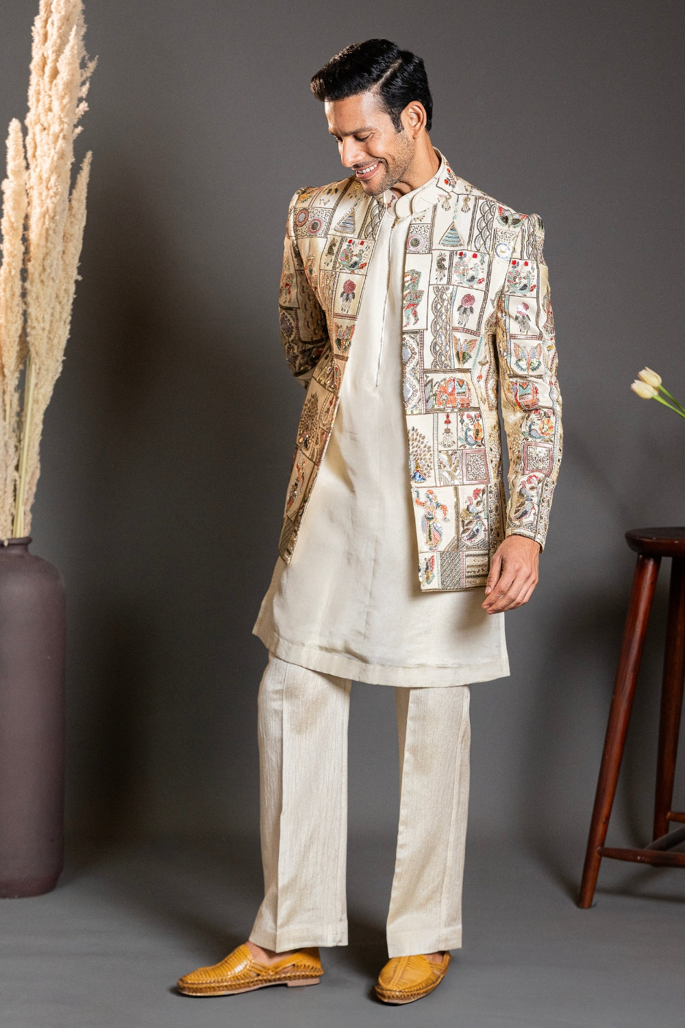 Cream Silk Indo Western with Sequins and Cutdana Work