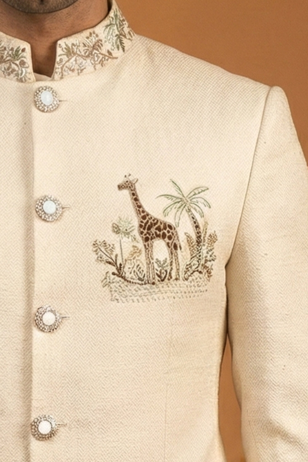 Cream Silk Jodhpuri Set with Cutdana and Moti Work