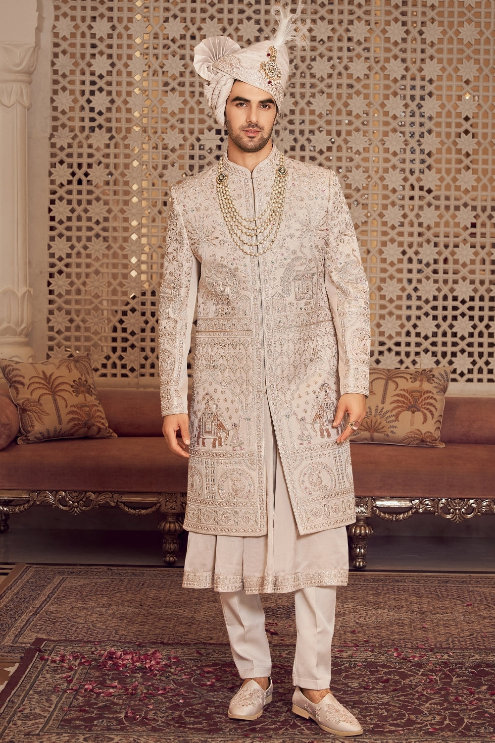 Cream Silk Sherwani with Cutdana and Embroidery