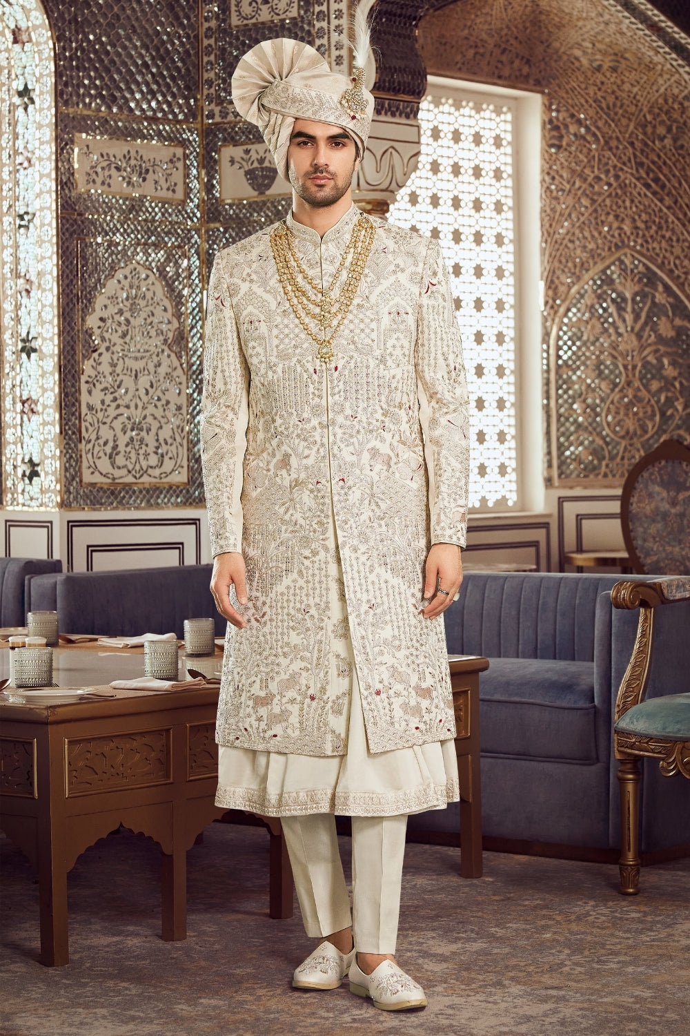 Gold Silk Sherwani with Sequins and Stone Embroidery