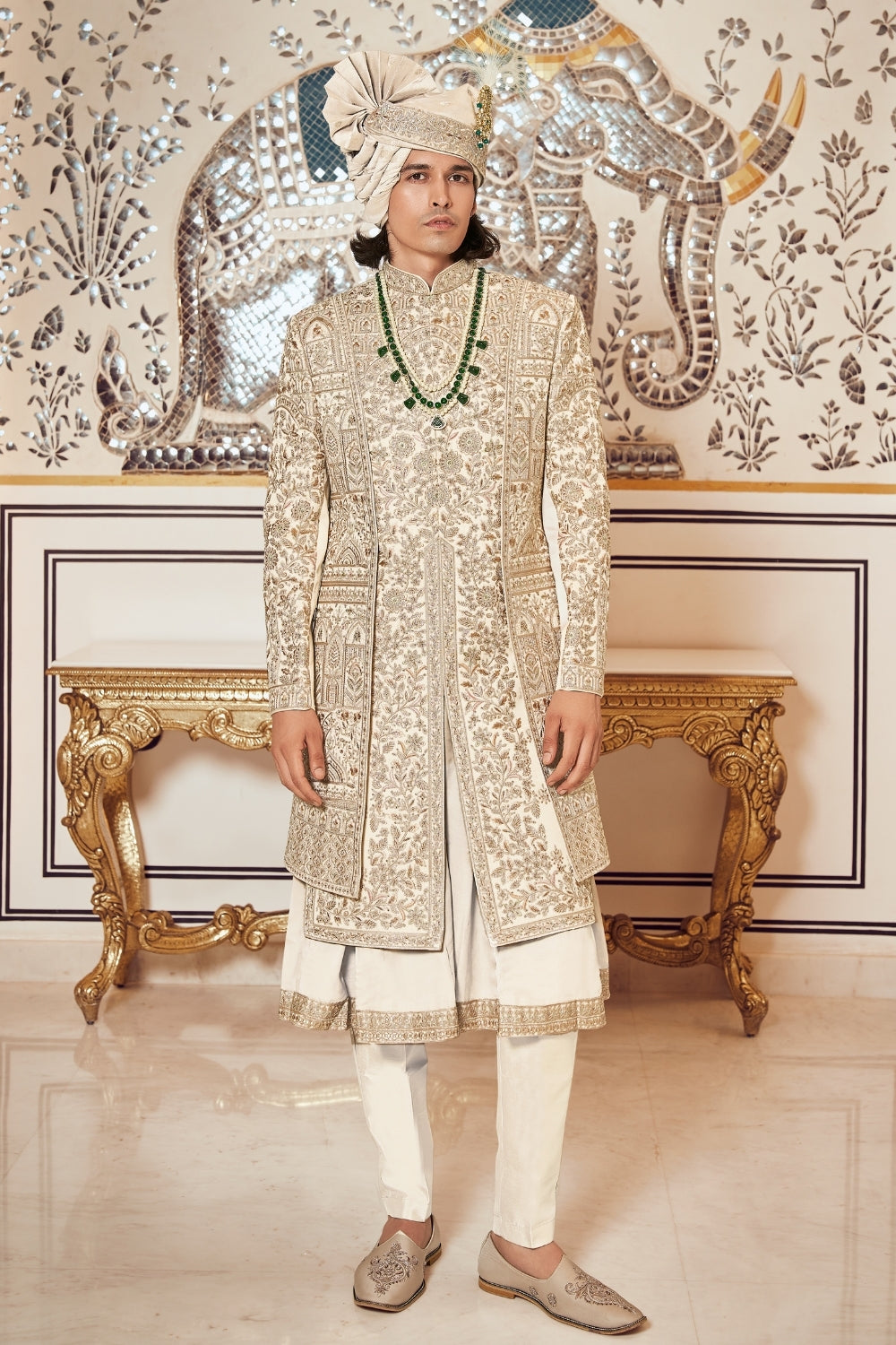 Cream Silk Sherwani with Sequins and Embroidery Work