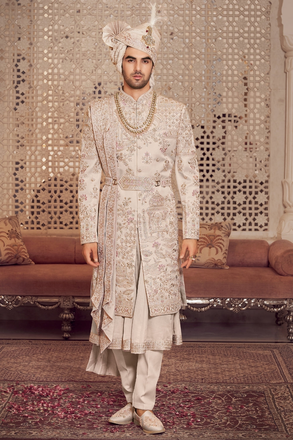 Cream Silk Sherwani with Zardosi and Sequins Work