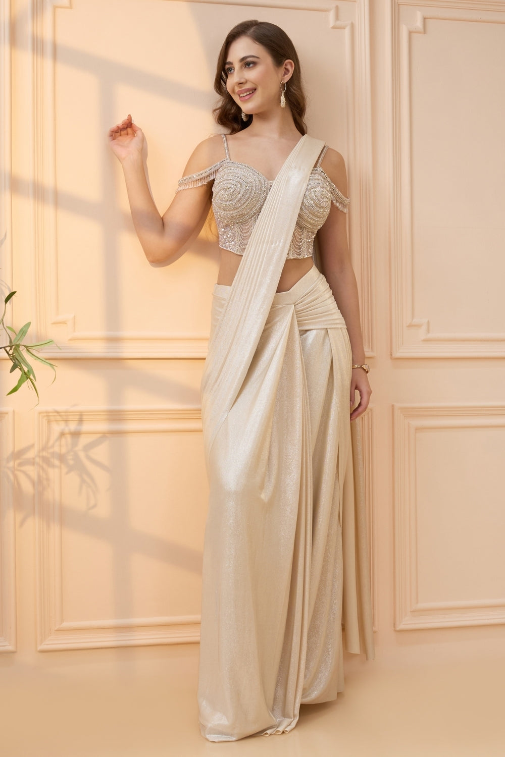 Cream Simmar Drape Saree with Cutdana and Moti Work