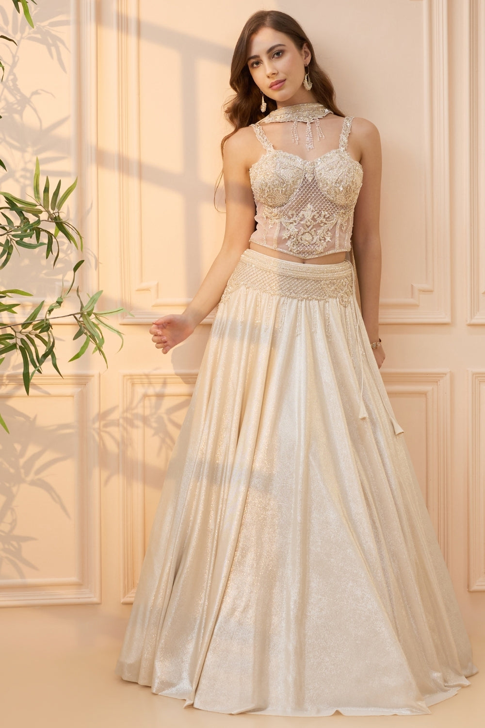 Cream Simmar Lehenga Set with Cutdana and Moti Work