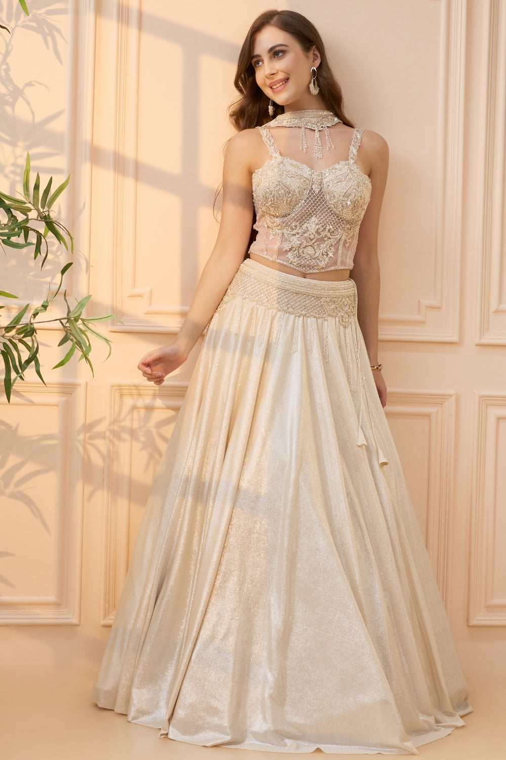 Cream Simmar Lehenga Set with Cutdana and Moti Work
