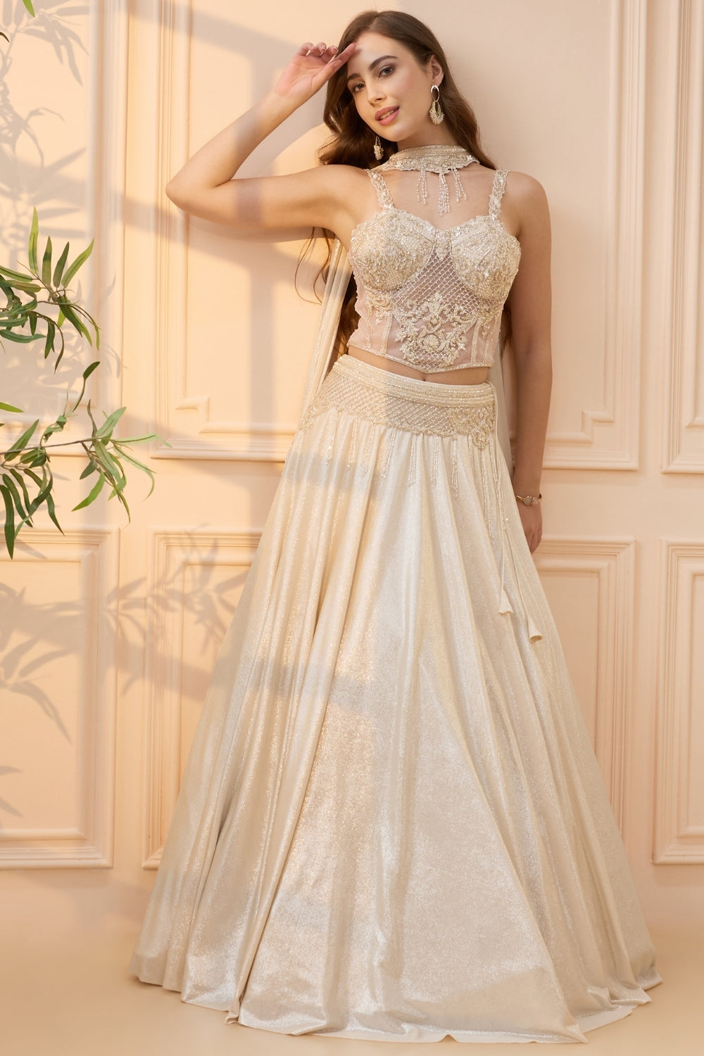 Cream Simmar Lehenga Set with Cutdana and Moti Work
