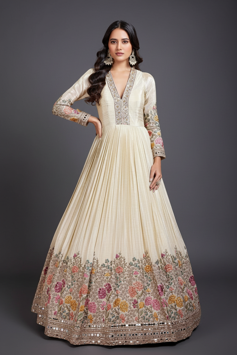 Cream Tissue Anarkali Suit With Mirror Work And Resham Embroidered