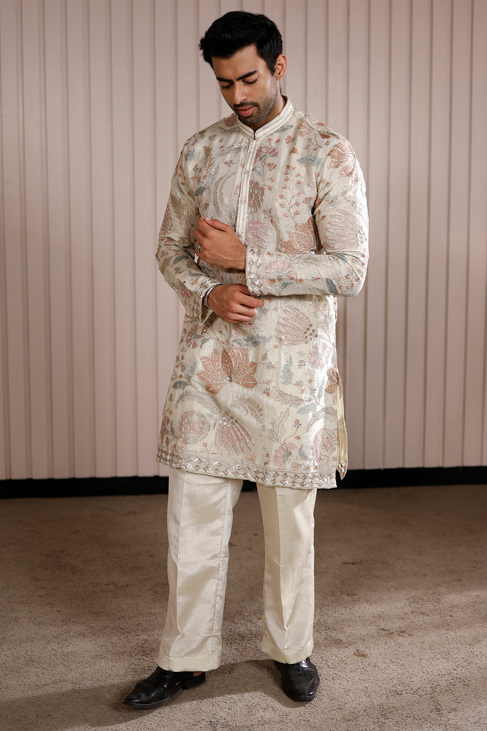 Cream Tissue Kurta-Sherwani Set with Multi-Colored Resham & Floral Embroidery.