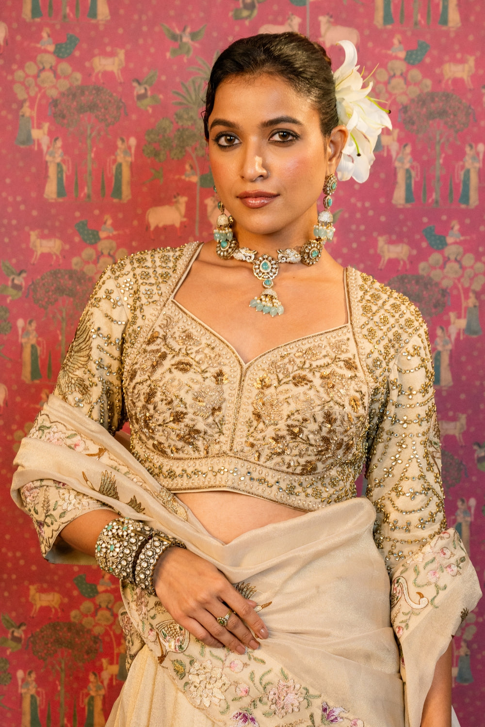 Cream Tissue Lehenga Choli Set with Cutdana and Resham Embroidery