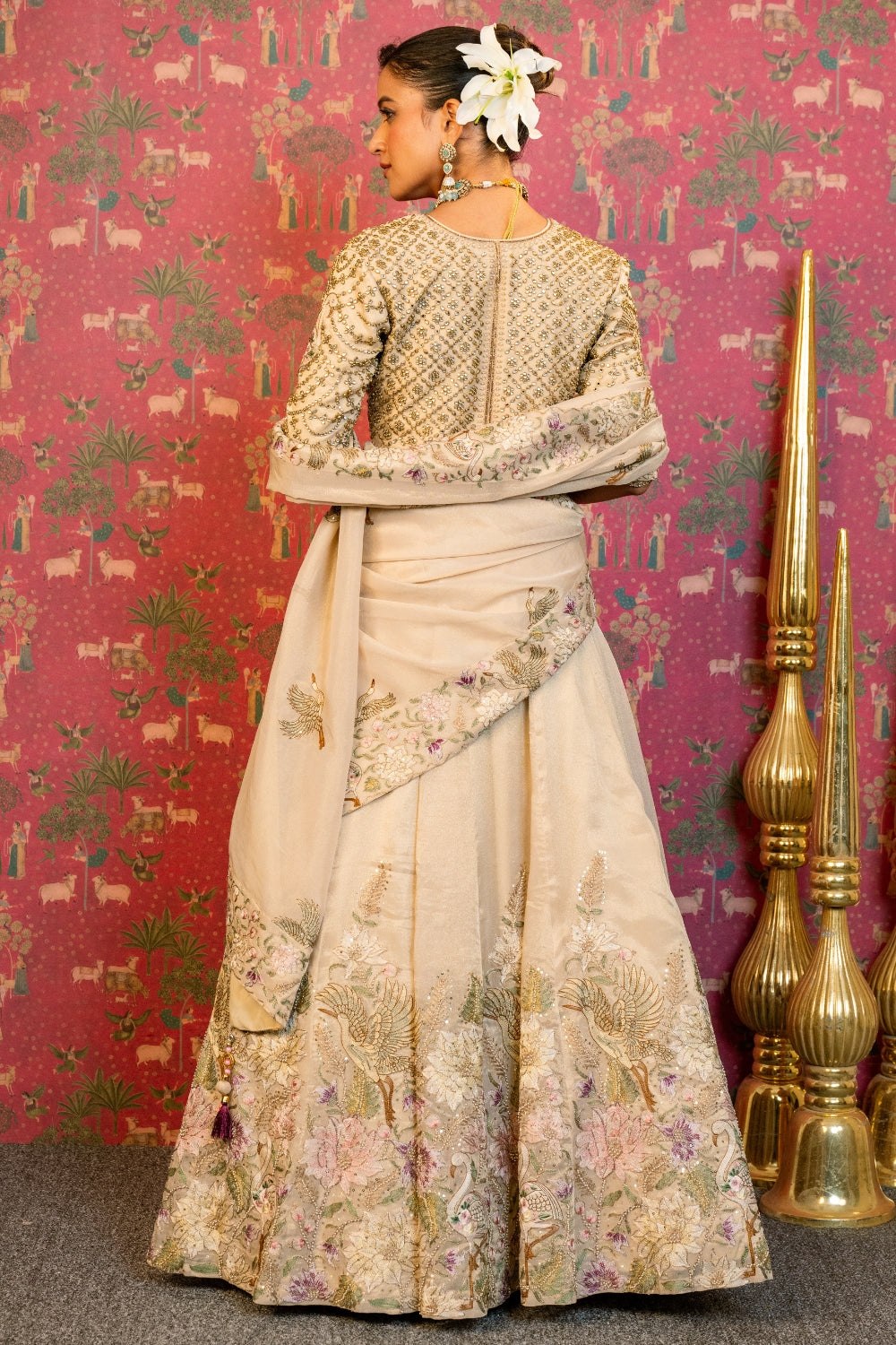 Cream Tissue Lehenga Choli Set with Cutdana and Resham Embroidery