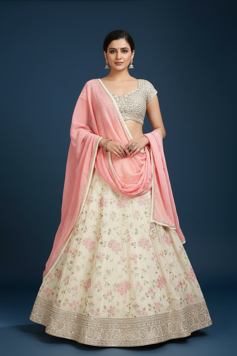 Cream Tissue Lehenga Choli with Sequins and Resham Work