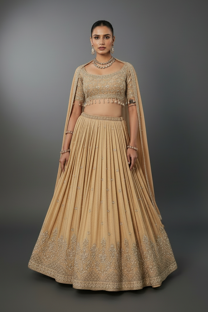 Cream Tissue Lehenga Set With Zardosi and Moti Work