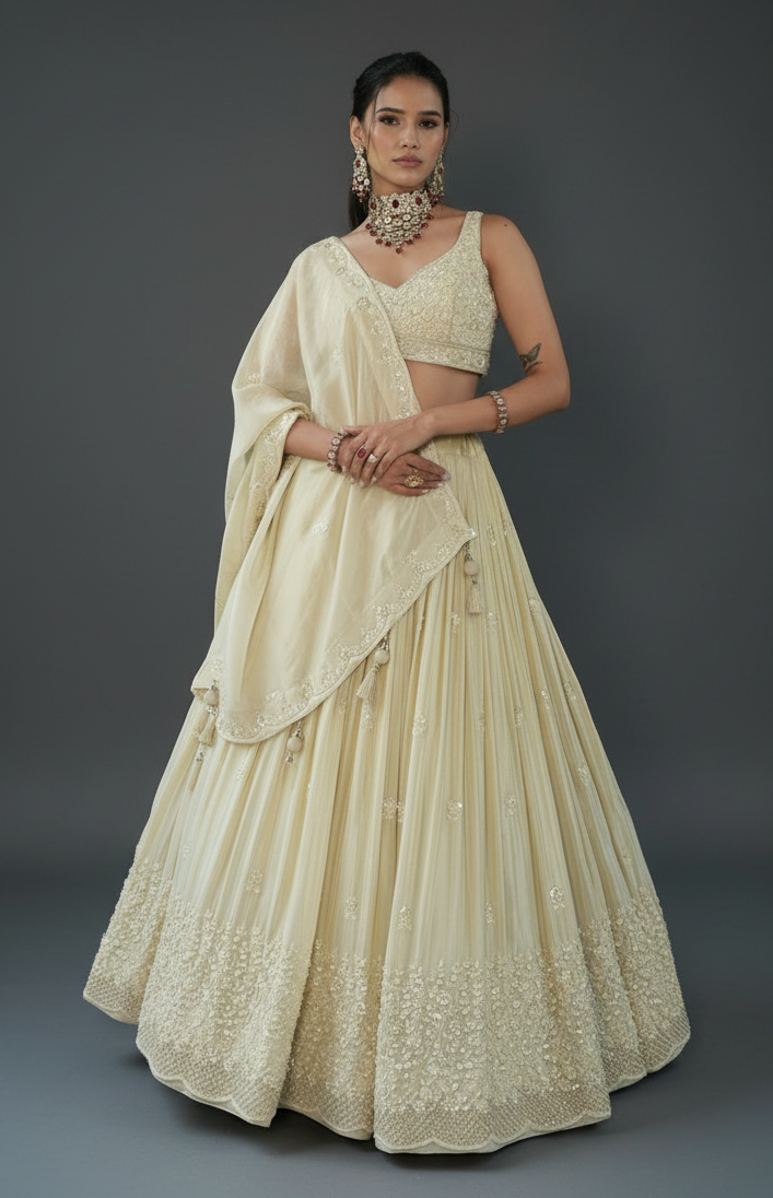 Cream Tissue Lehenga Set with Cutdana and Moti Work