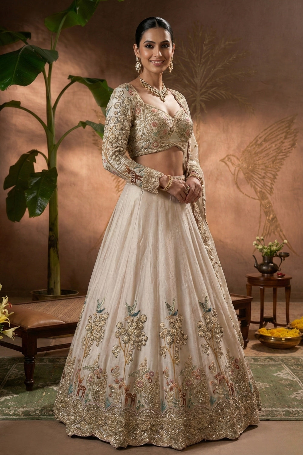 Cream Tissue Lehenga Set with Cutdana and Moti Work