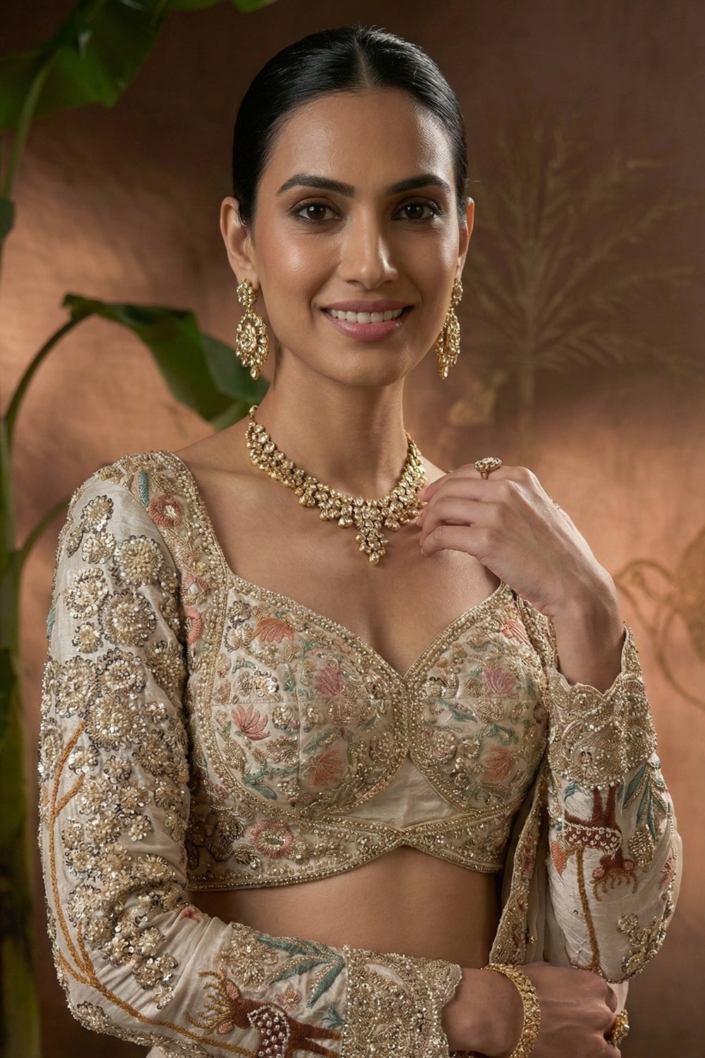 Cream Tissue Lehenga Set with Cutdana and Moti Work