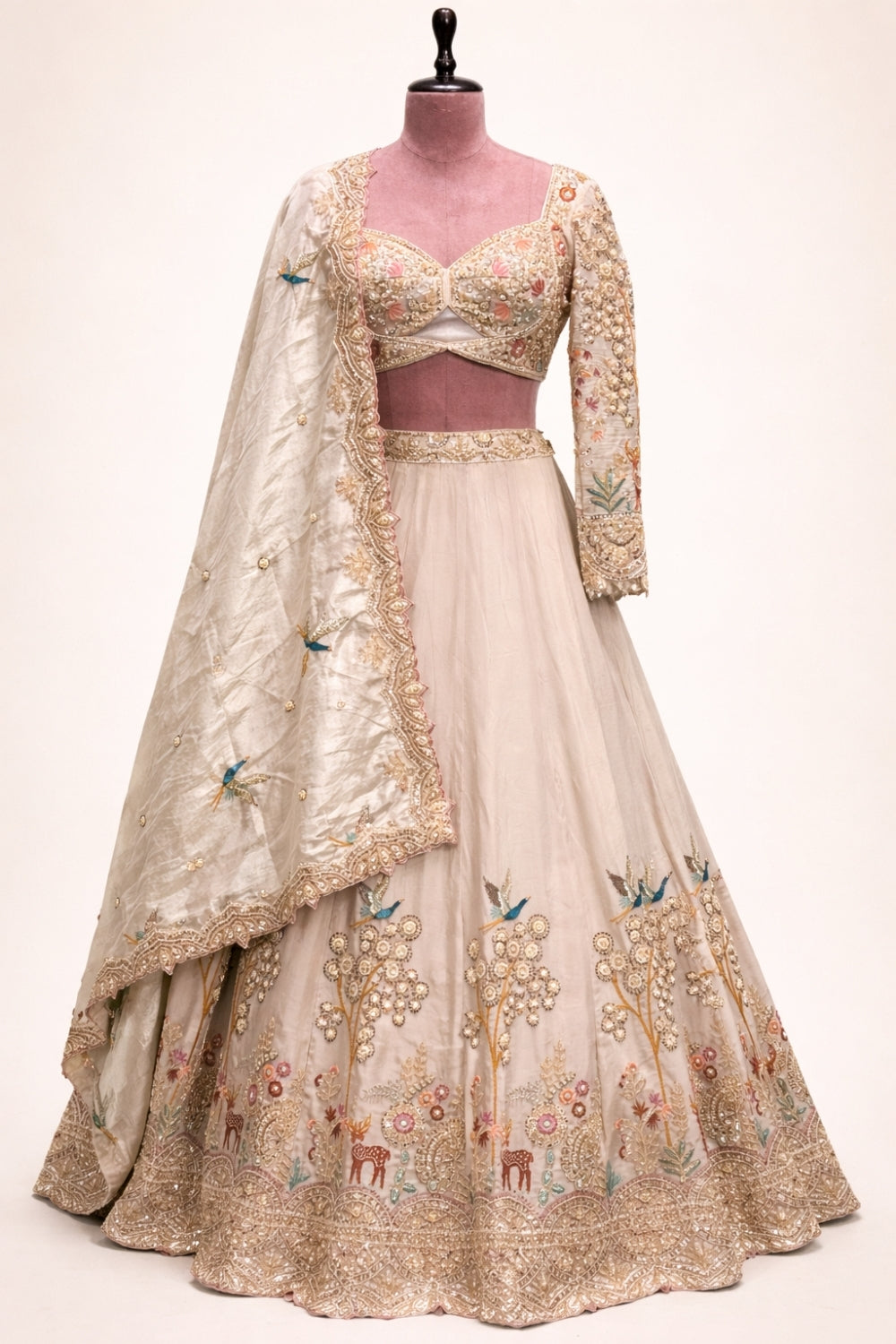 Cream Tissue Lehenga Set with Cutdana and Moti Work