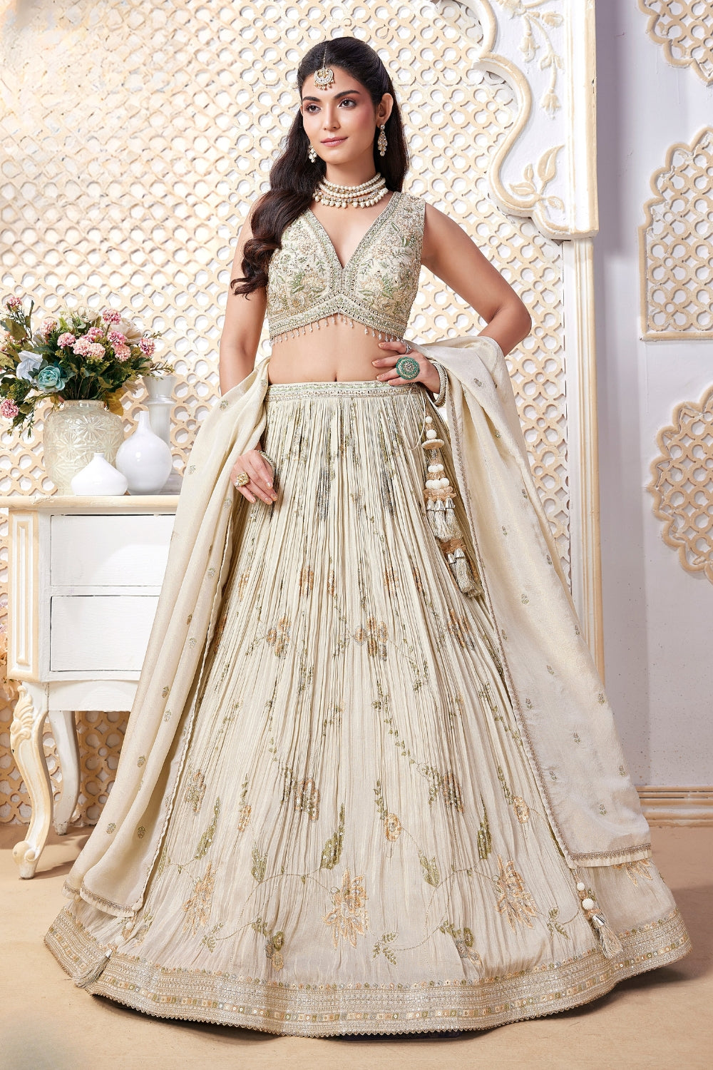 Cream Tissue Lehenga Set with Embroidery and Sequins Work
