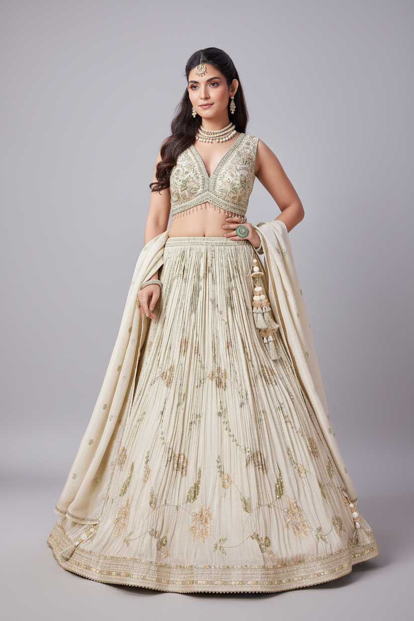Cream Tissue Lehenga Set with Embroidery and Sequins Work