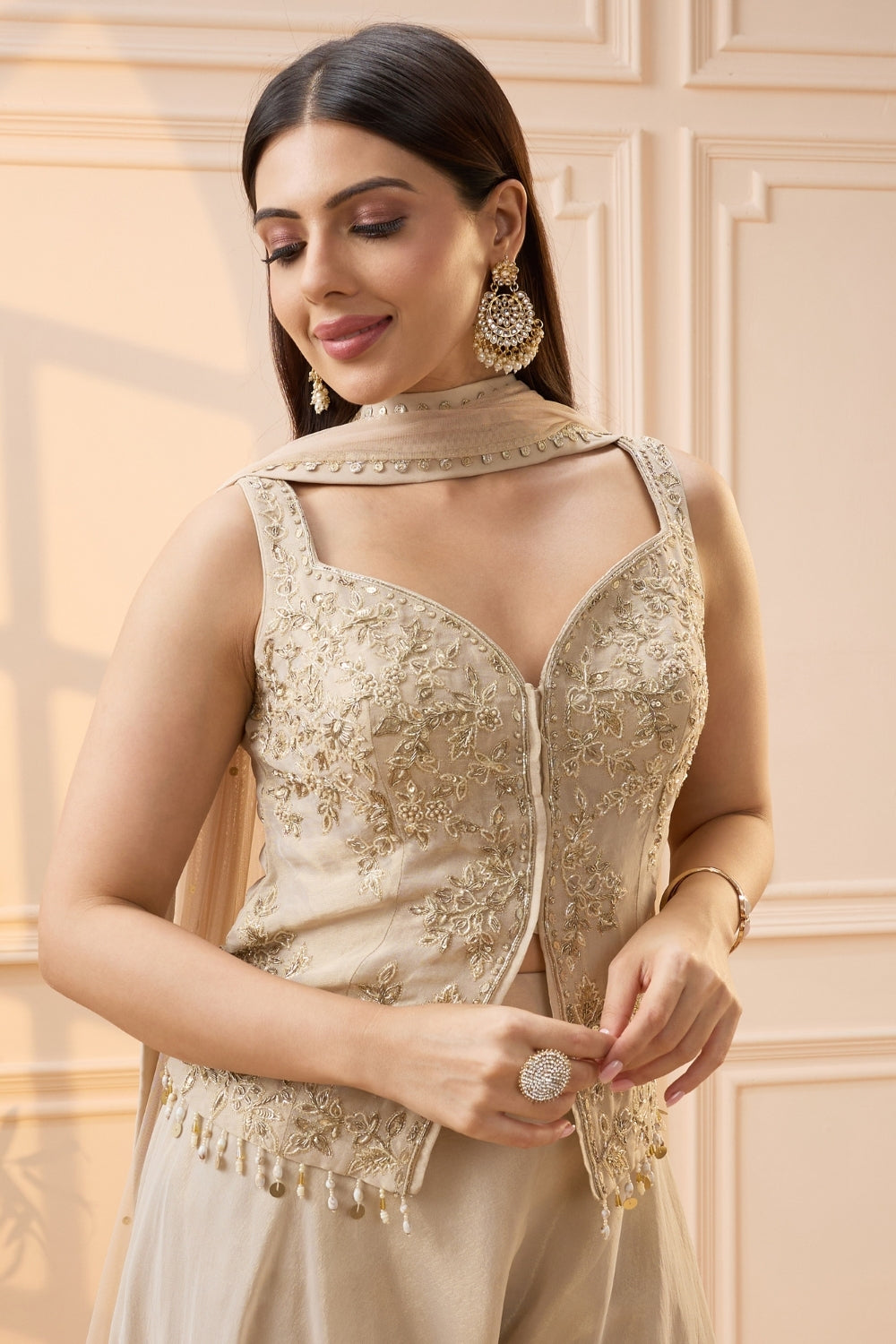 Cream Tissue Palazzo Set with Cutdana and Moti Work