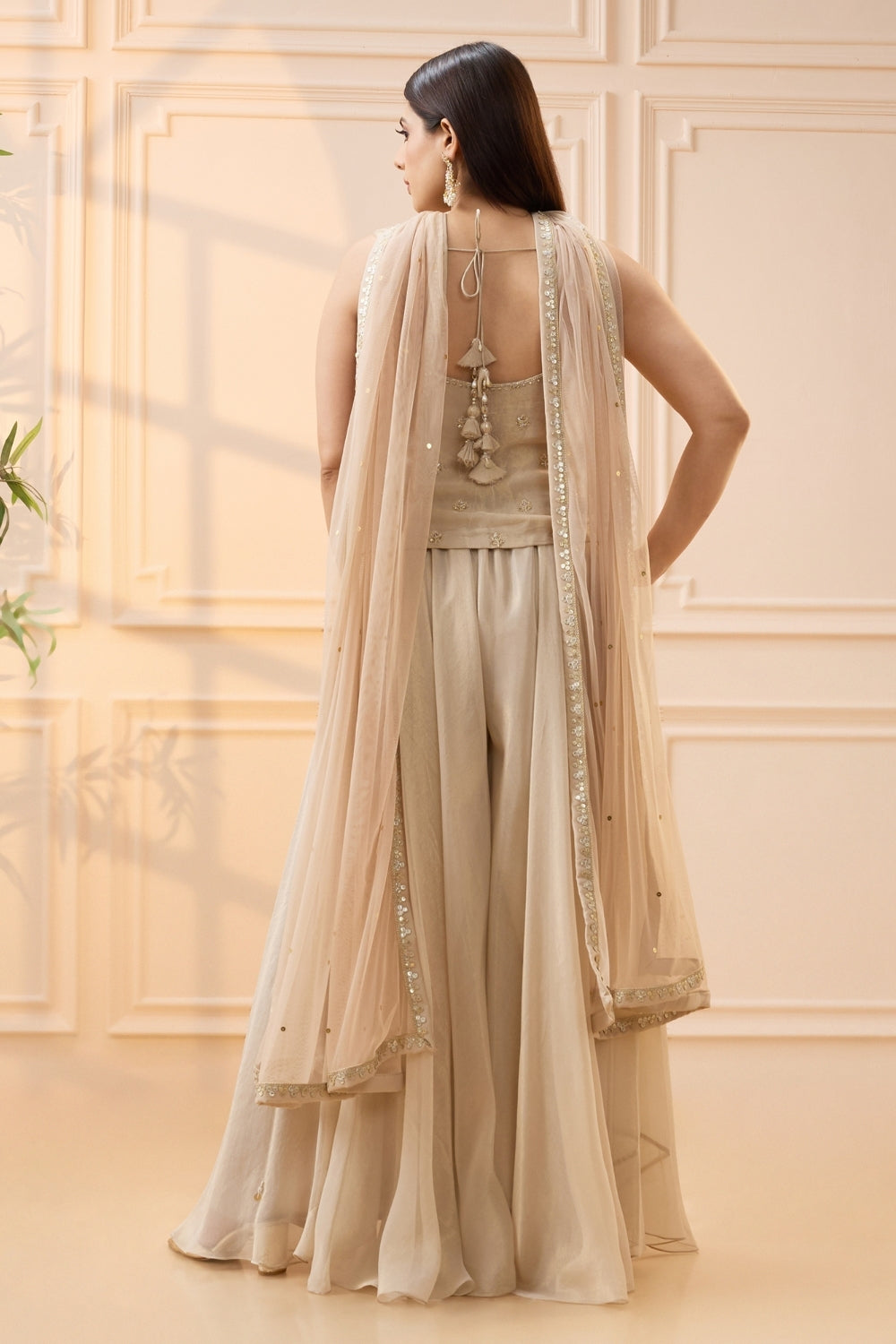 Cream Tissue Palazzo Set with Cutdana and Moti Work