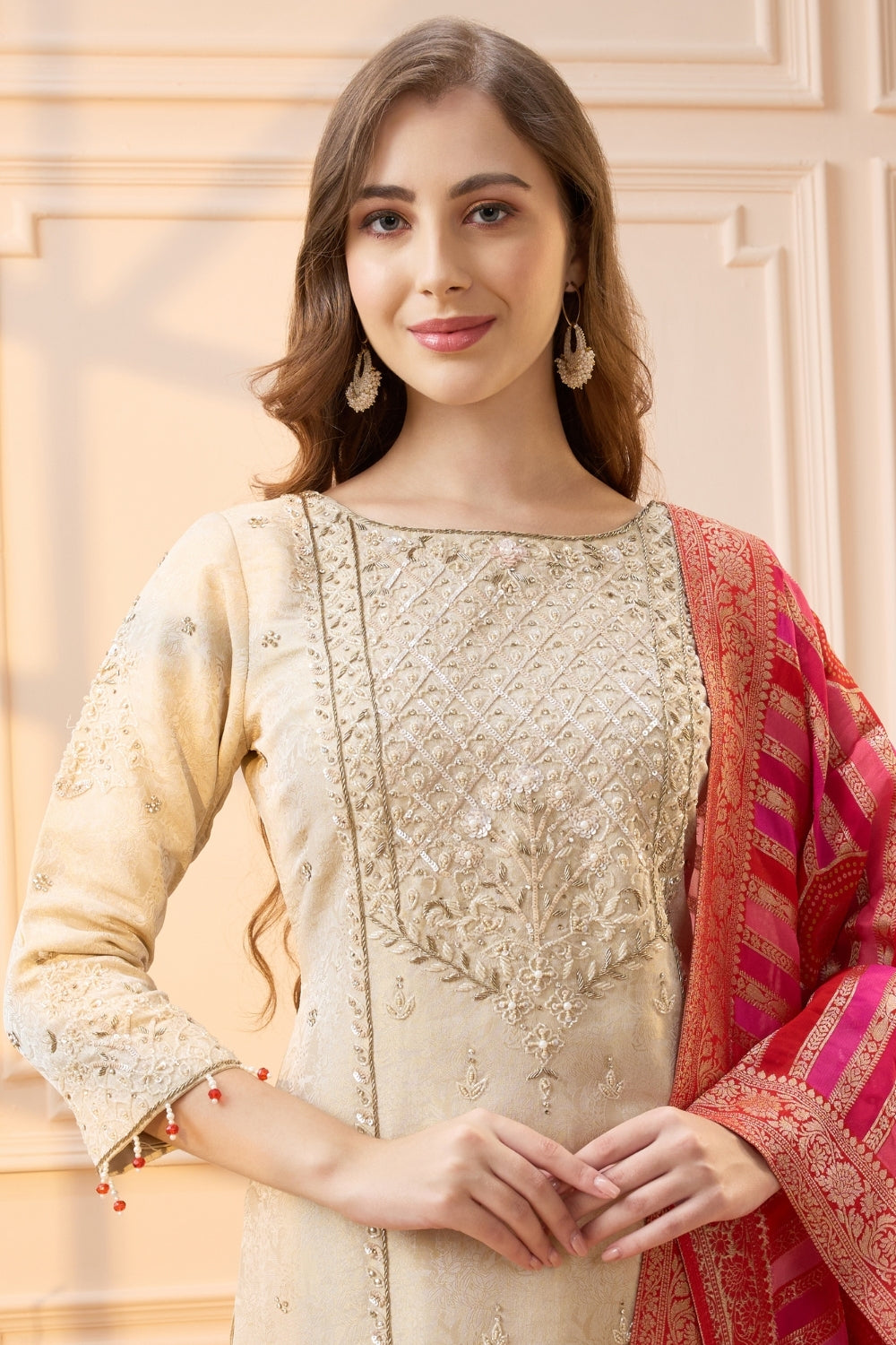 Cream Tissue Palazzo Set with Cutdana and Zardosi Work