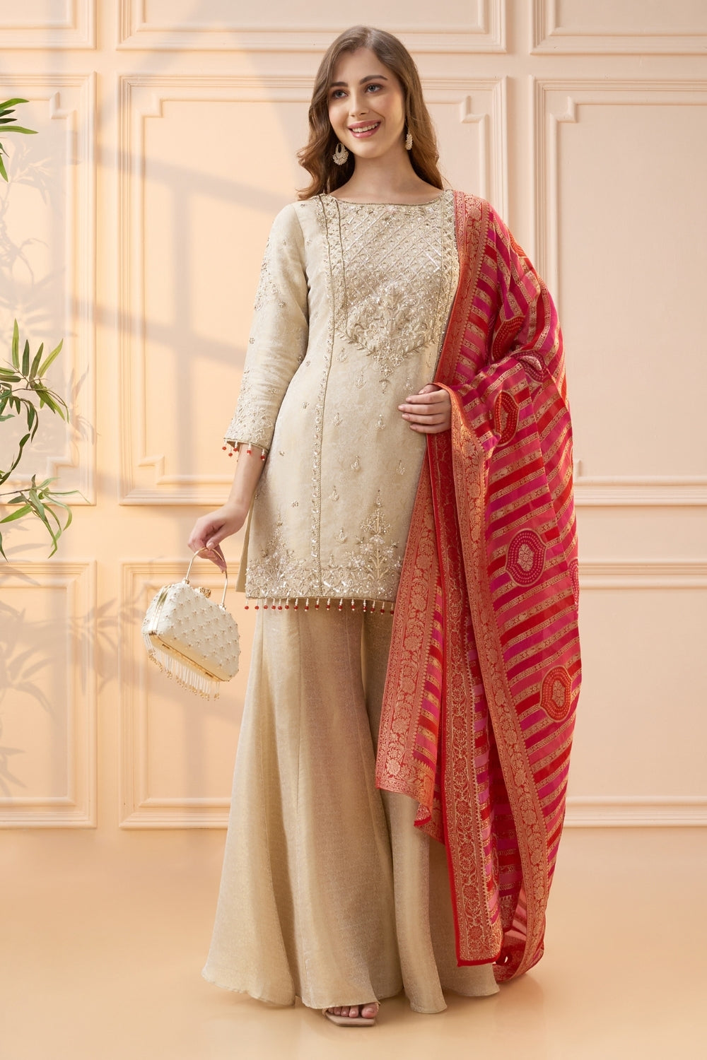 Cream Tissue Palazzo Set with Cutdana and Zardosi Work
