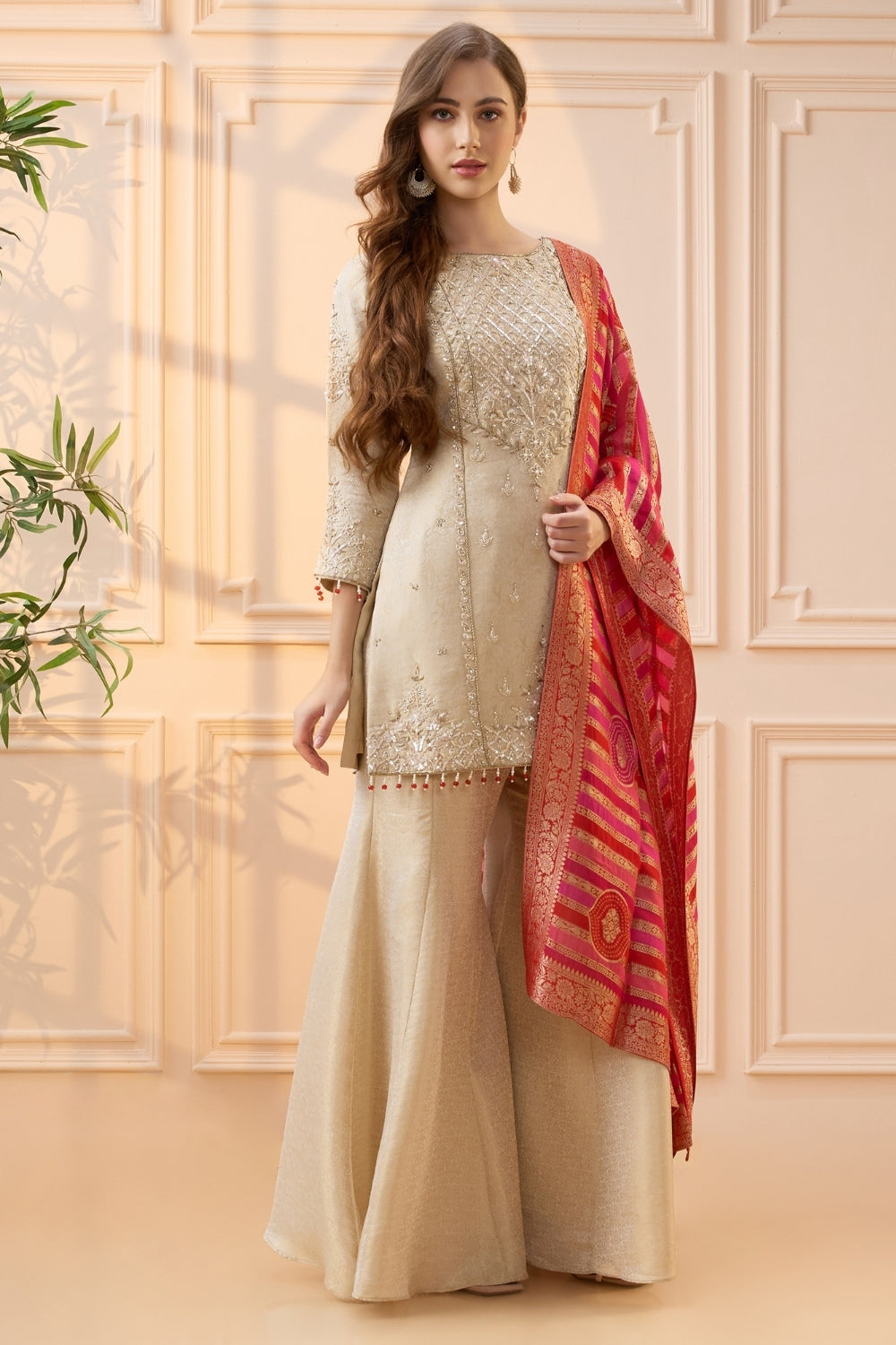 Cream Tissue Palazzo Set with Cutdana and Zardosi Work