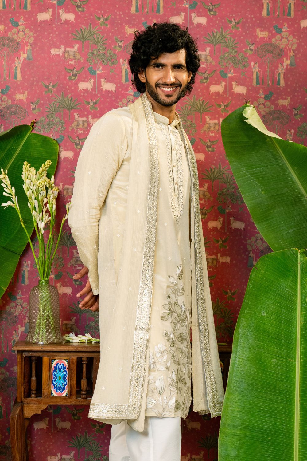 Cream Tissue Silk Kurta Set with Sequins Embroidery Work and Matching Dupatta
