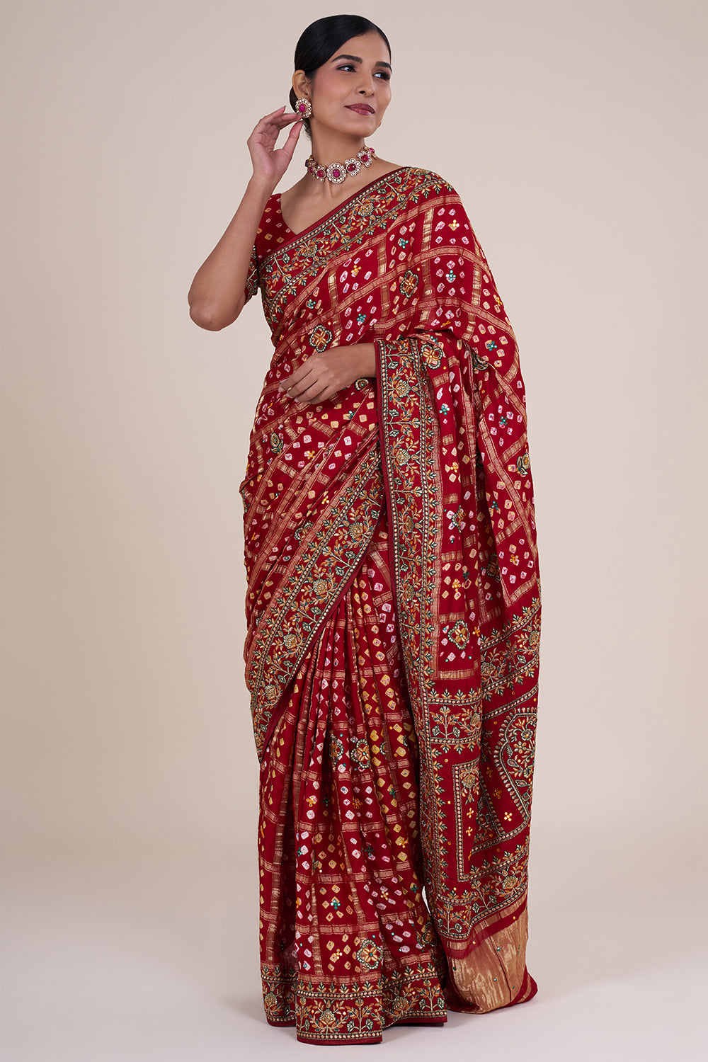 Maroon Bandhej Gharchola Gaji Silk Saree