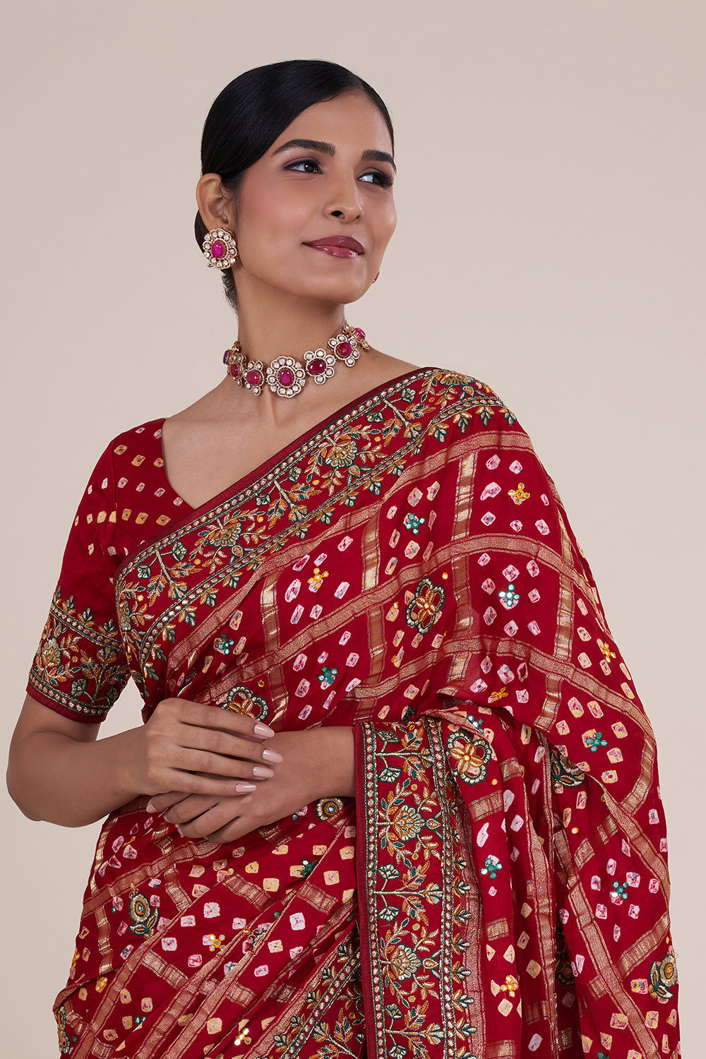 Maroon Bandhej Gharchola Gaji Silk Saree