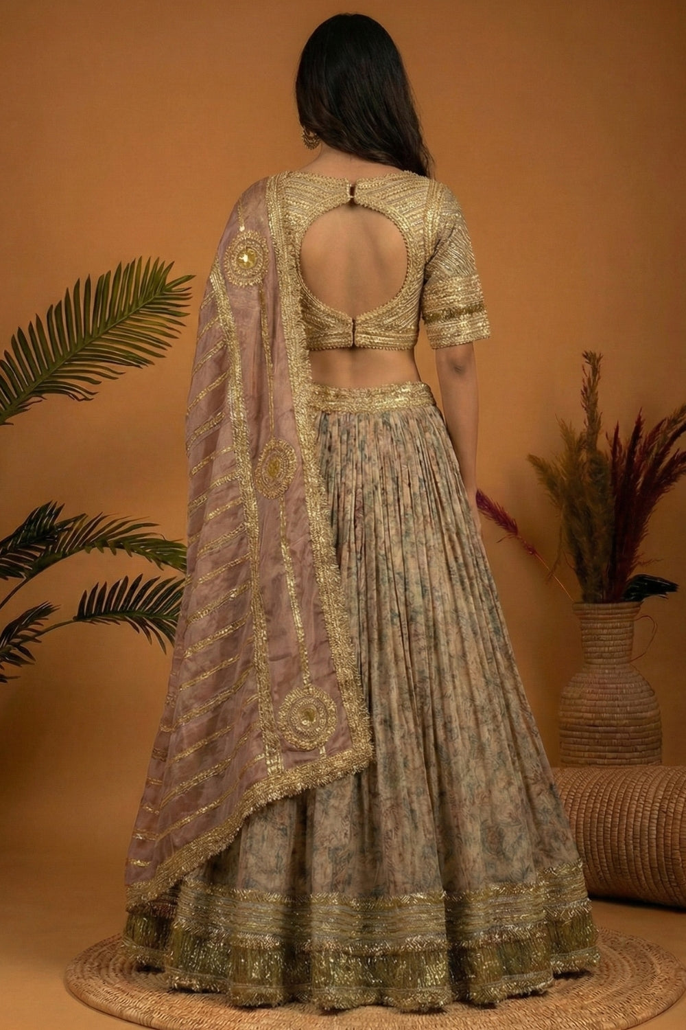 Golden Crush Tissue Lehenga Set with Lampi Border
