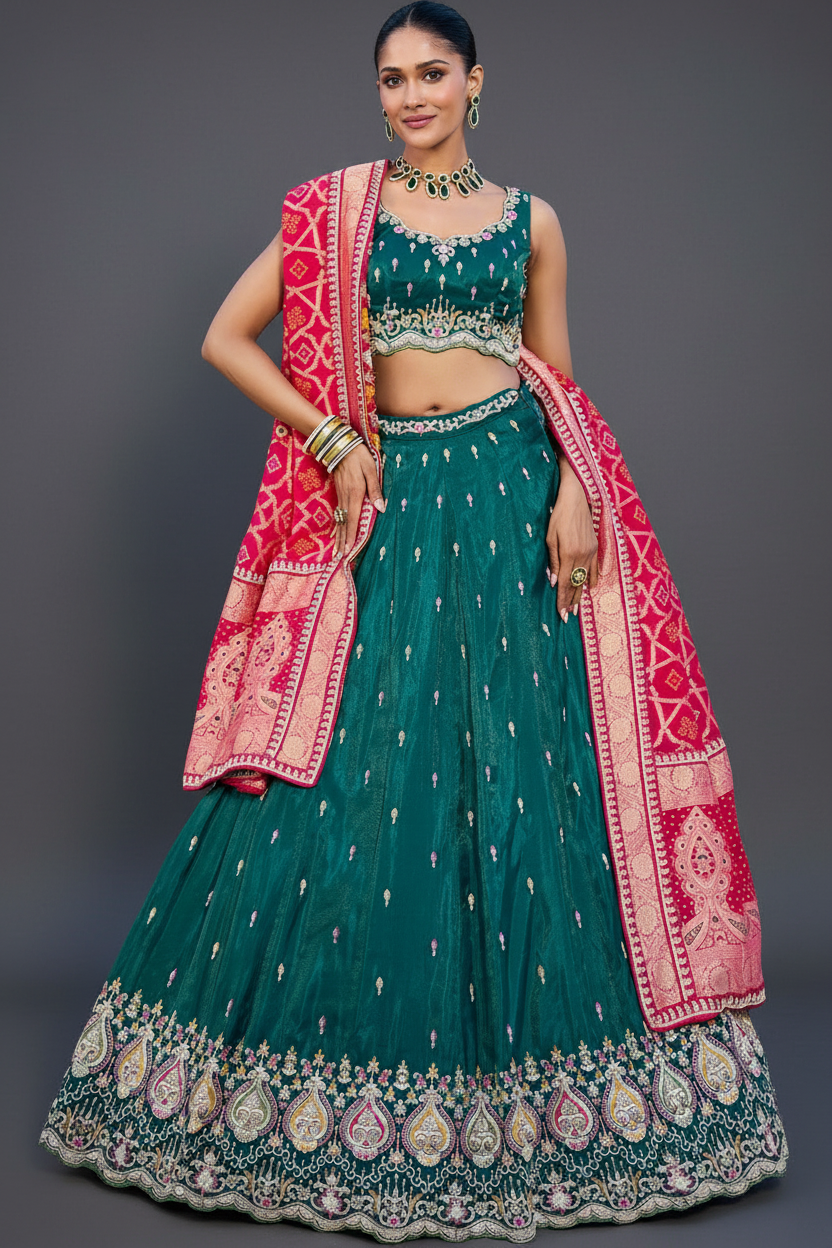 DARK GREEN SILK LEHENGA CHOLI WITH RESHAM EMBROIDERY AND CUTDANA