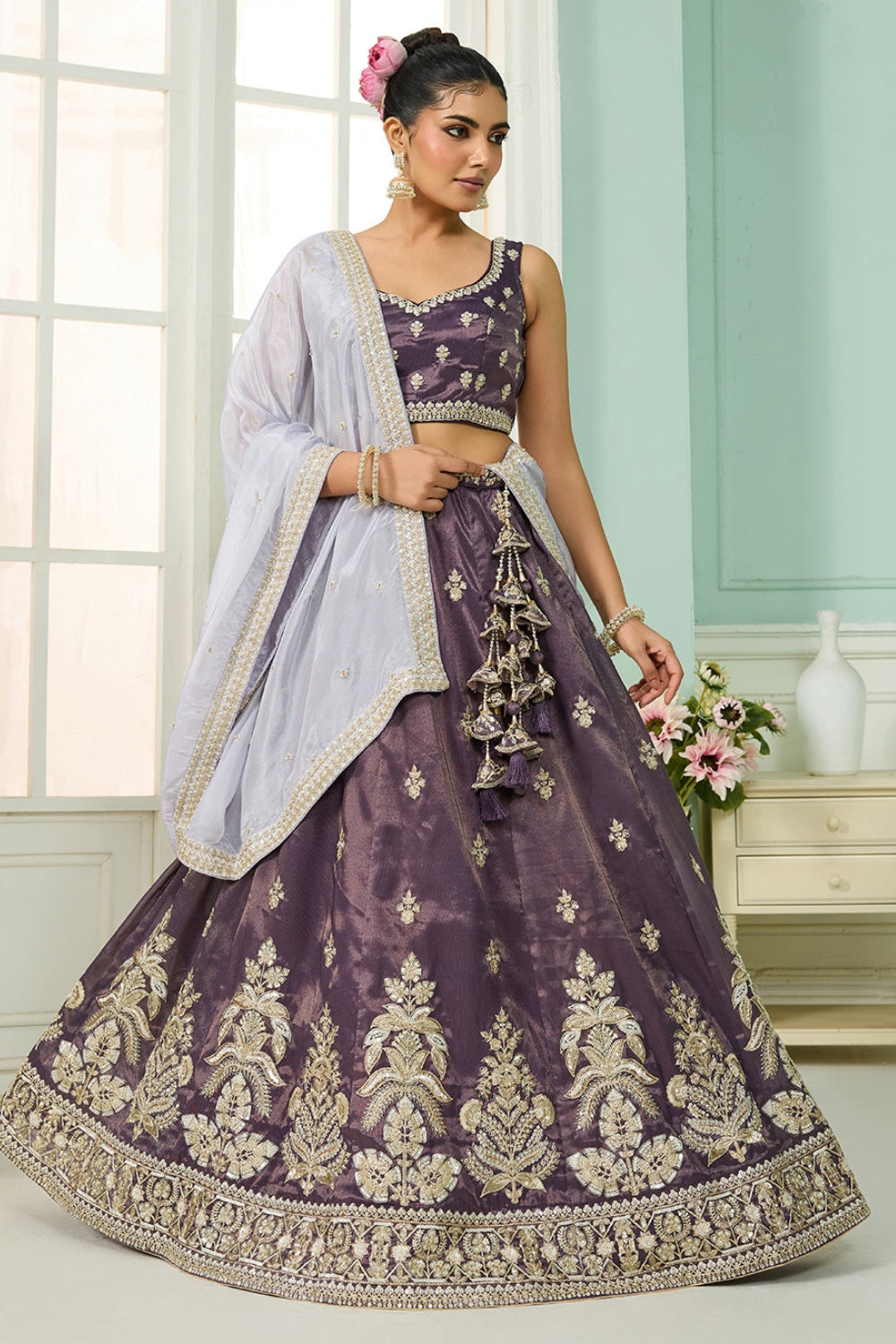 DARK PURPLE TISSUE LEHENGA CHOLI WITH MOTI AND RESHAM EMBROIDERY
