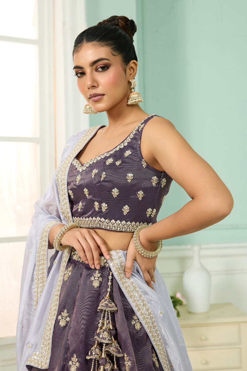DARK PURPLE TISSUE LEHENGA CHOLI WITH MOTI AND RESHAM EMBROIDERY