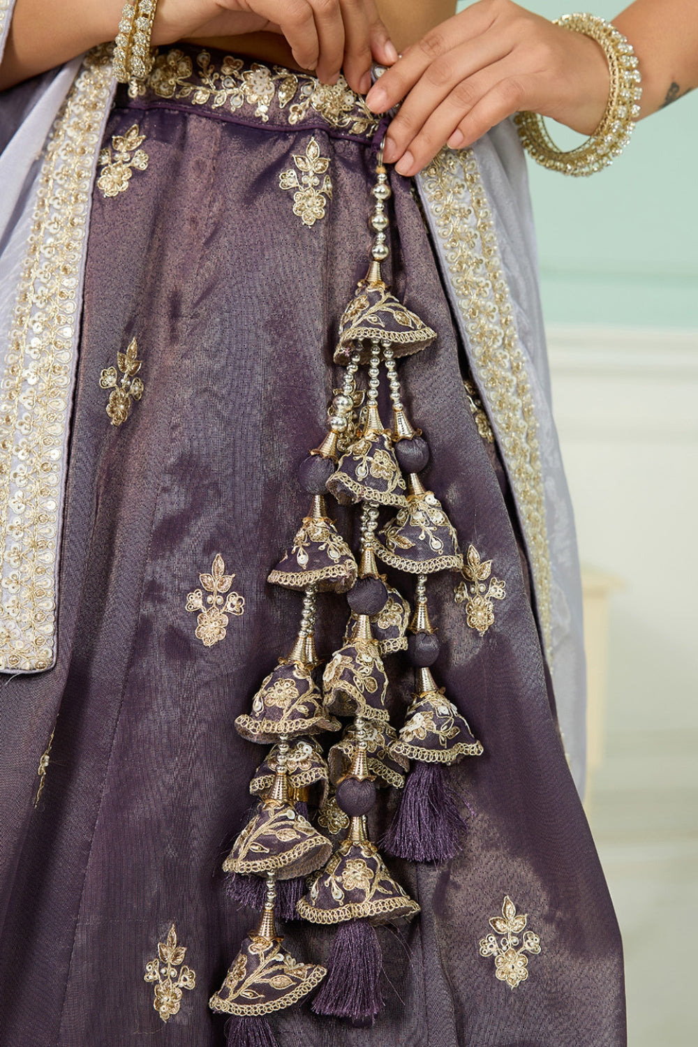 DARK PURPLE TISSUE LEHENGA CHOLI WITH MOTI AND RESHAM EMBROIDERY