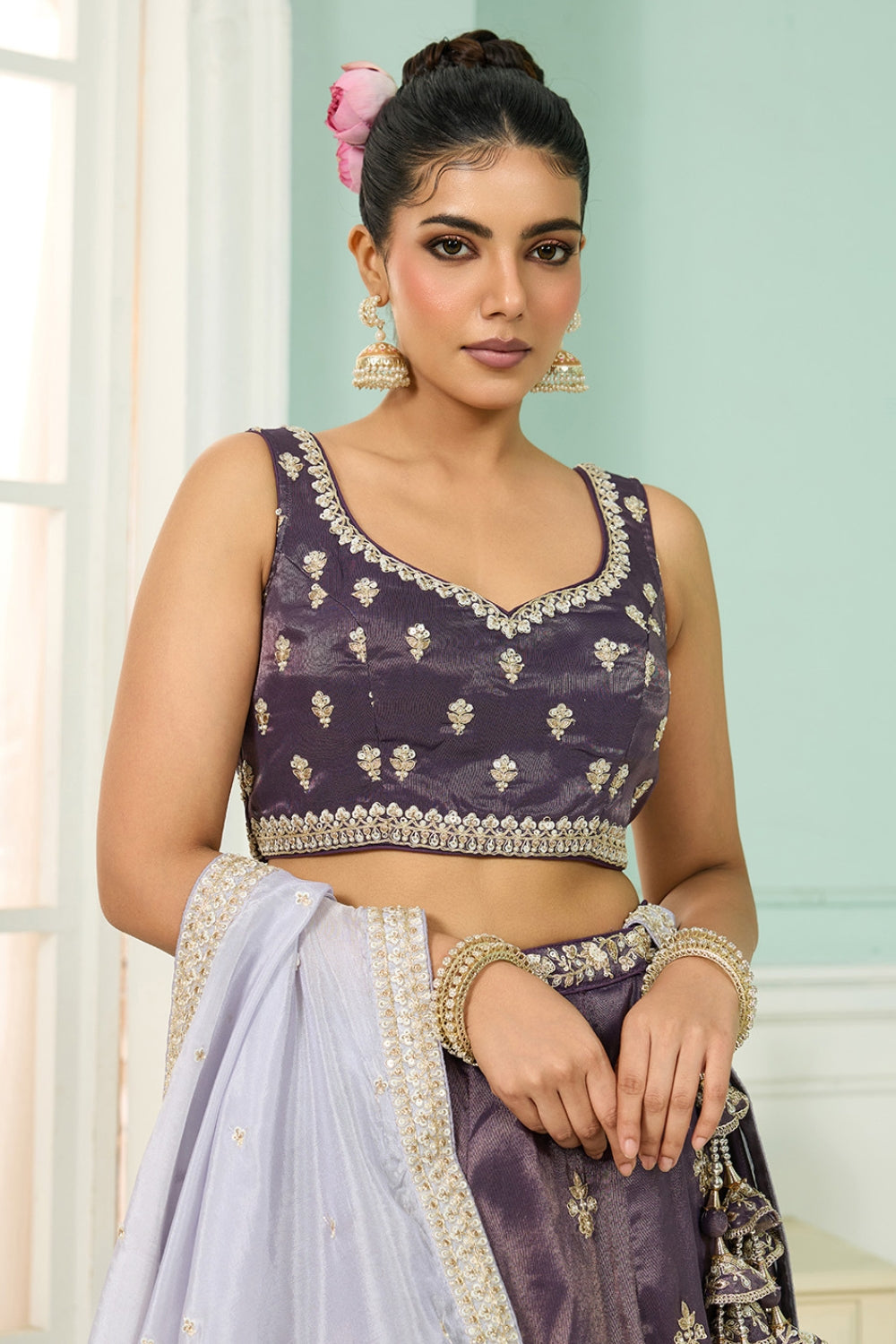 DARK PURPLE TISSUE LEHENGA CHOLI WITH MOTI AND RESHAM EMBROIDERY