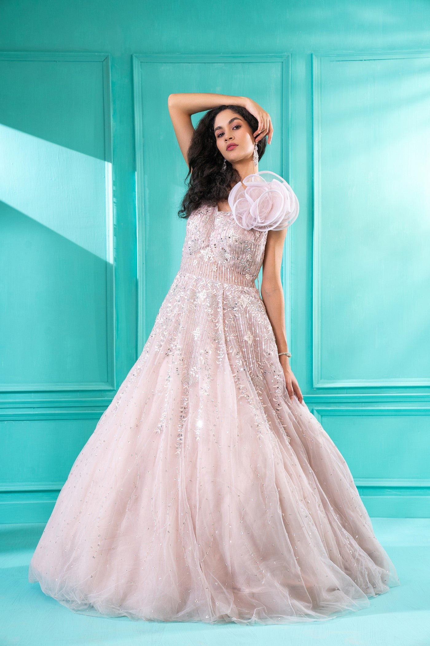 Powder Pink Fully Embroidered Tulle Flared Gown
