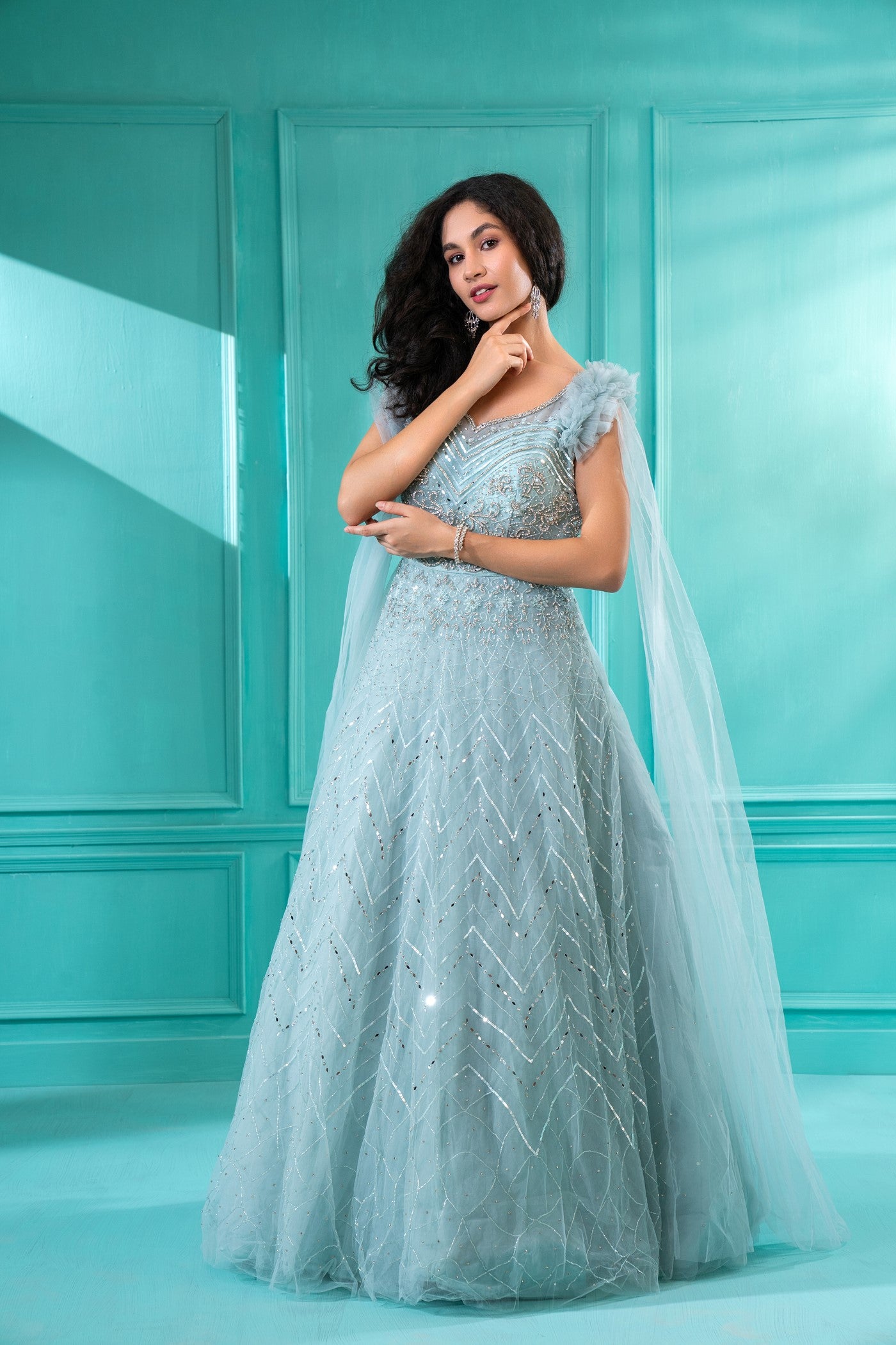 Baby Blue Sequins Embroidered Flared Gown