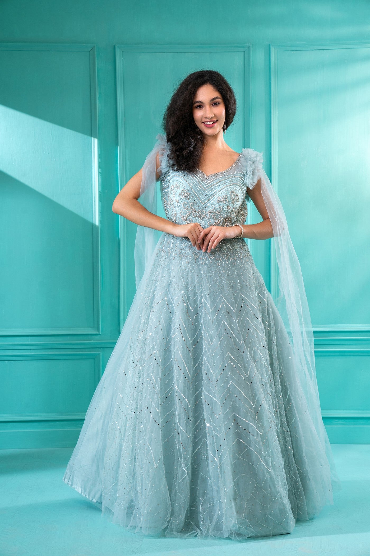 Baby Blue Sequins Embroidered Flared Gown