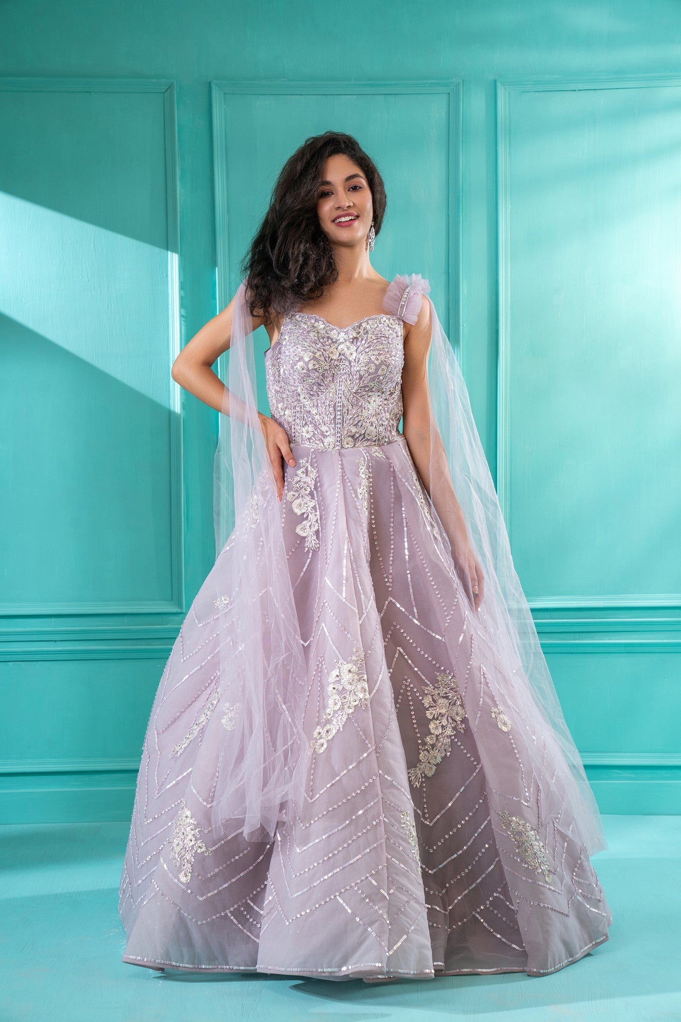 Dreamy Lilac Sequins Embroidered Flared Gown