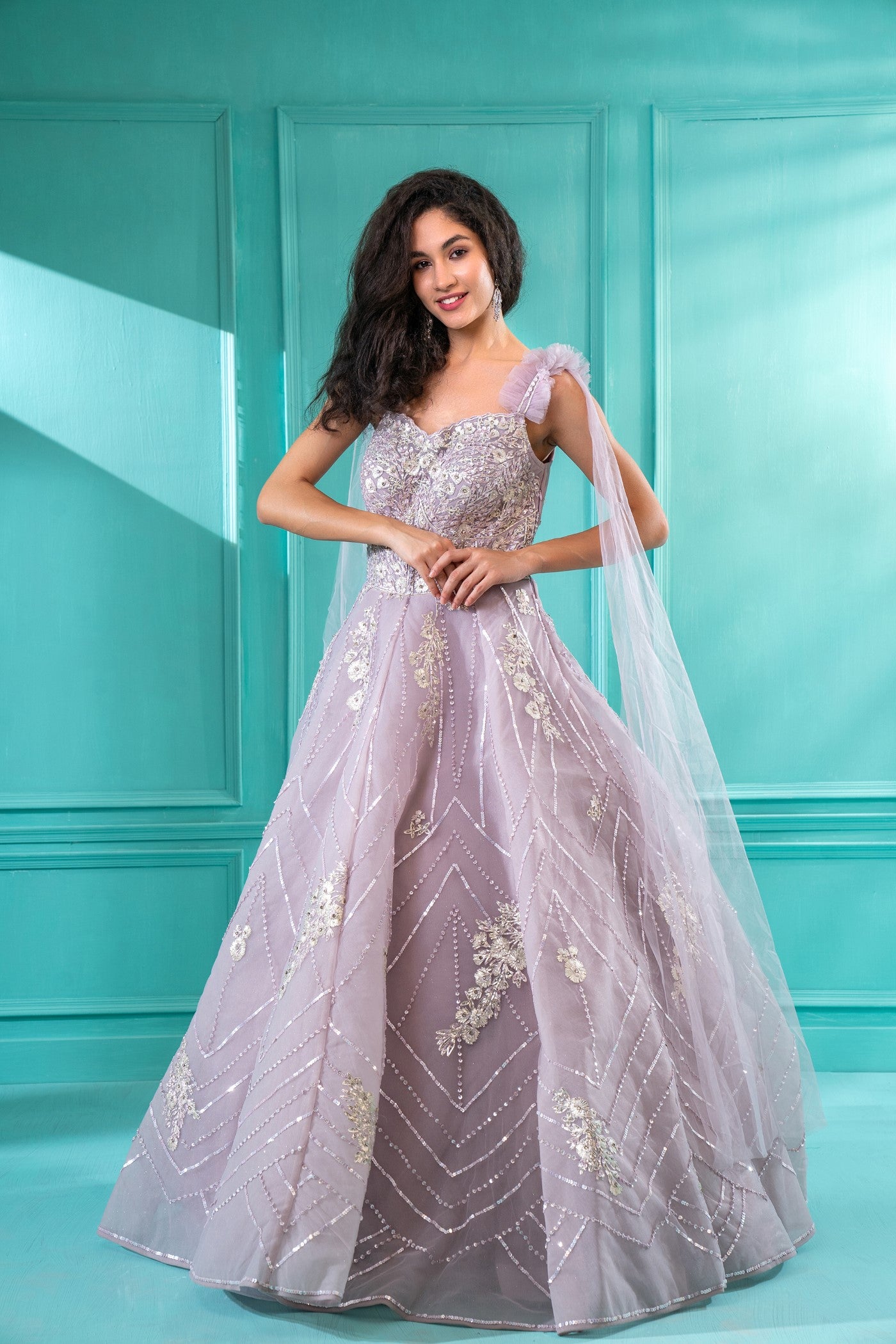 Dreamy Lilac Sequins Embroidered Flared Gown