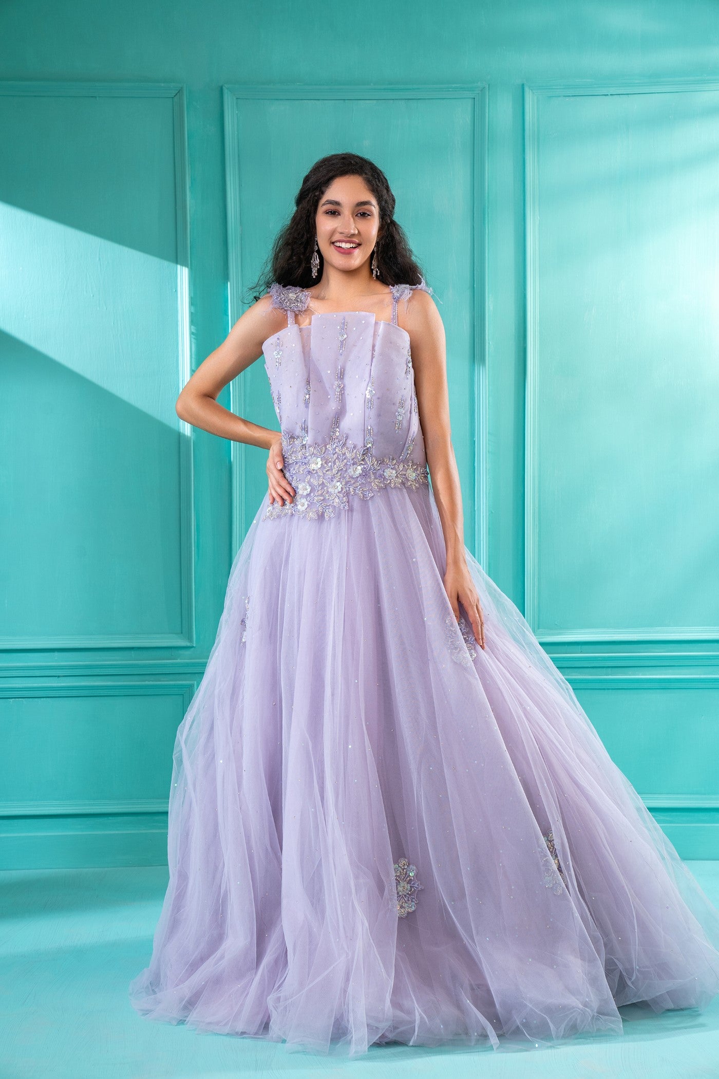Lavender Sequins Embroidered Tulle Flared Gown