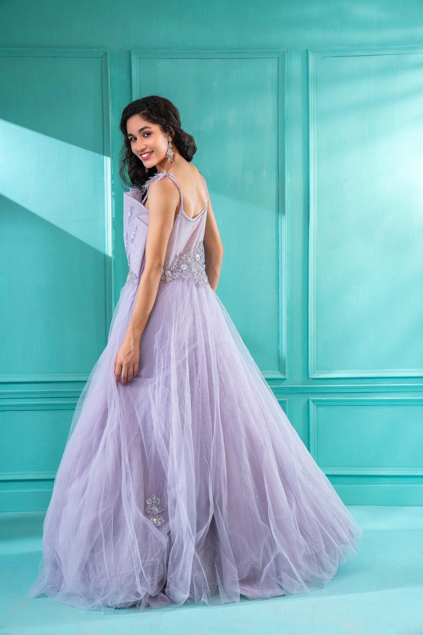 Lavender Sequins Embroidered Tulle Flared Gown