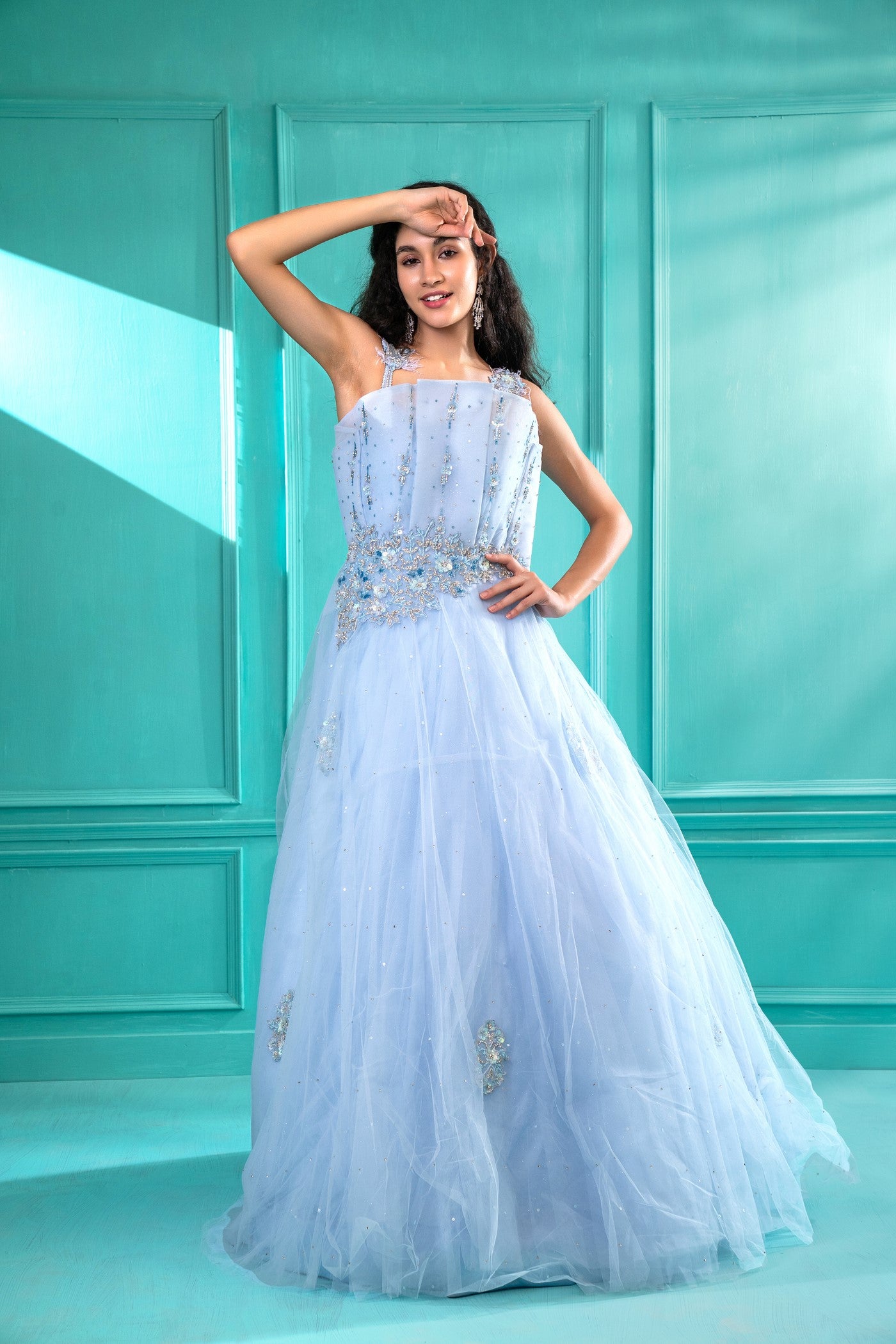 Pastel Blue Sequins Embroidered Tulle Flared Gown