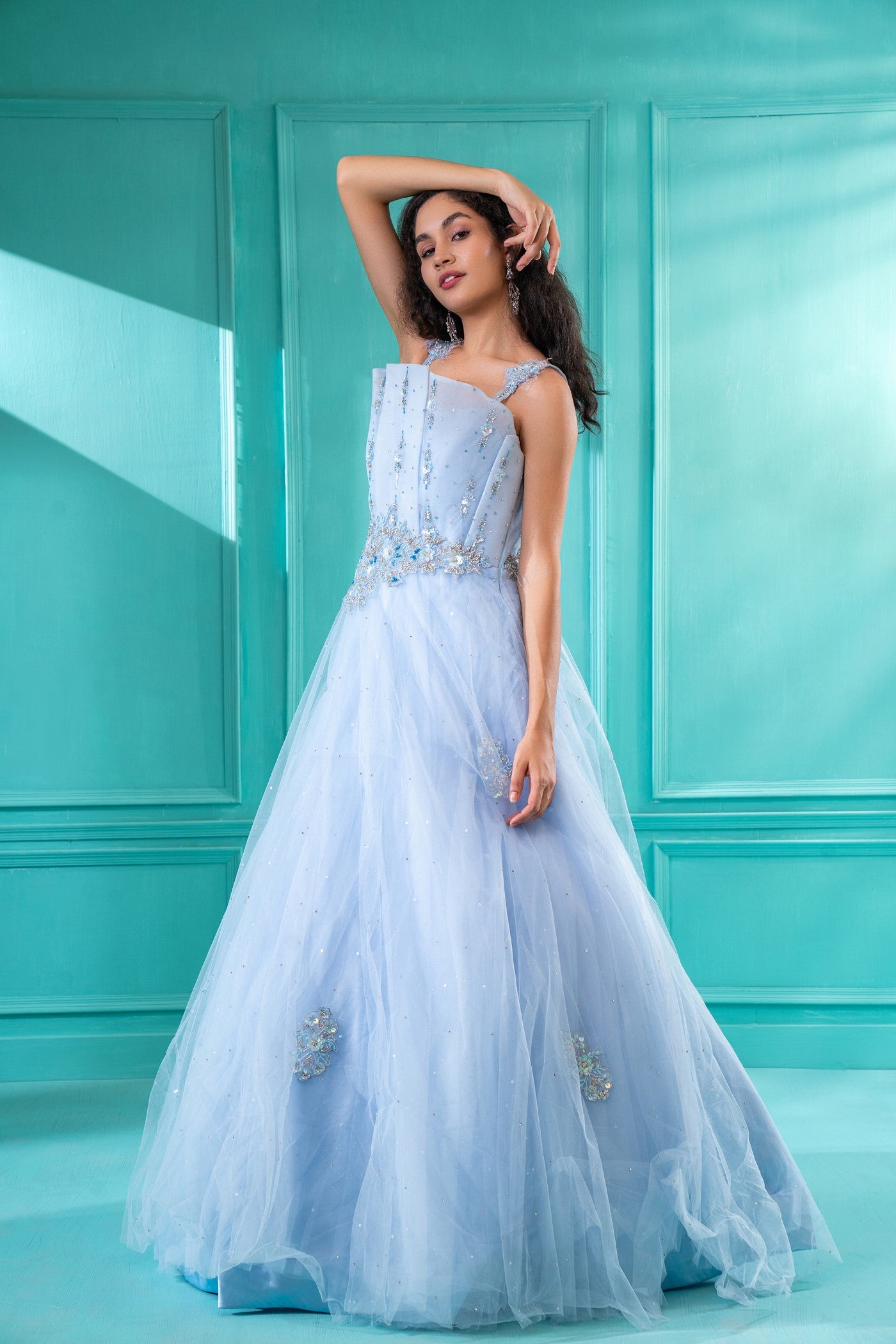 Pastel Blue Sequins Embroidered Tulle Flared Gown