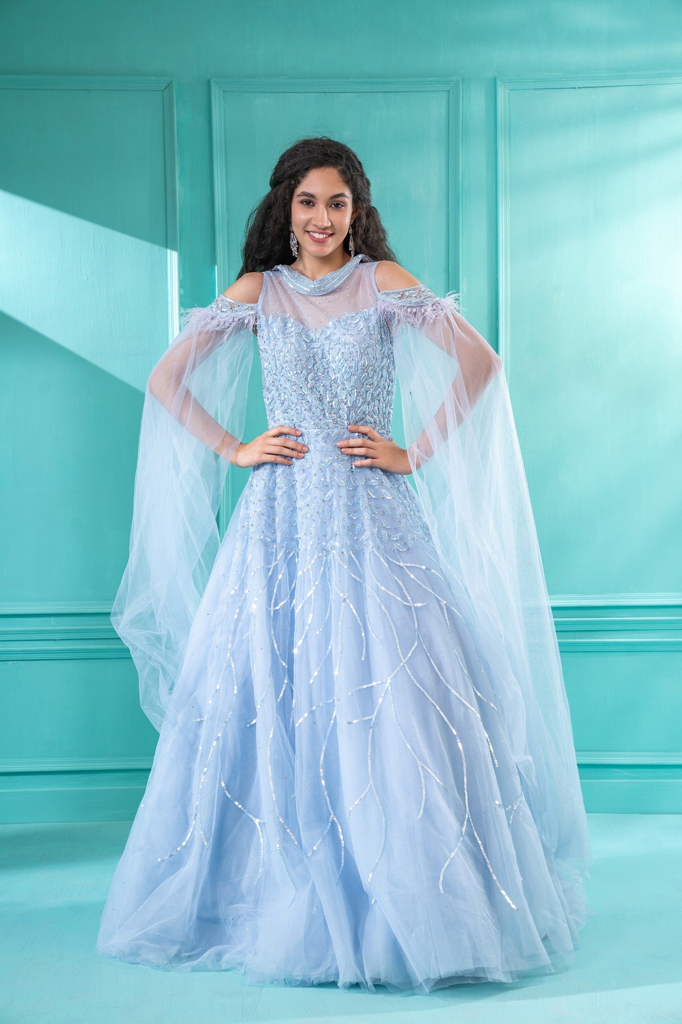 Powder Blue Sequins Embroidered Tulle Flared Gown