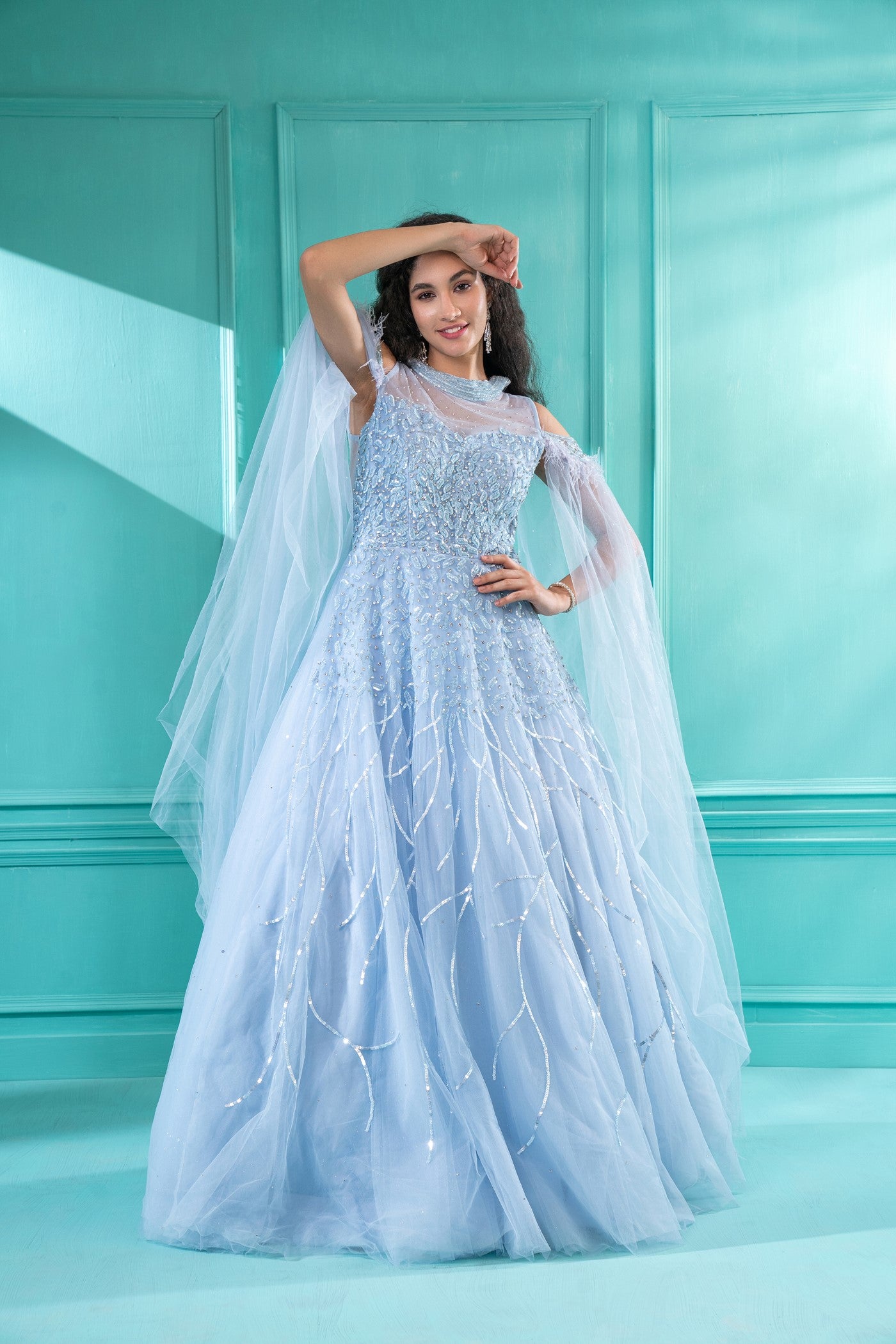 Bell Sleeve Sky Blue Color Multi Thread Work Ruffle Gown – subhvastra